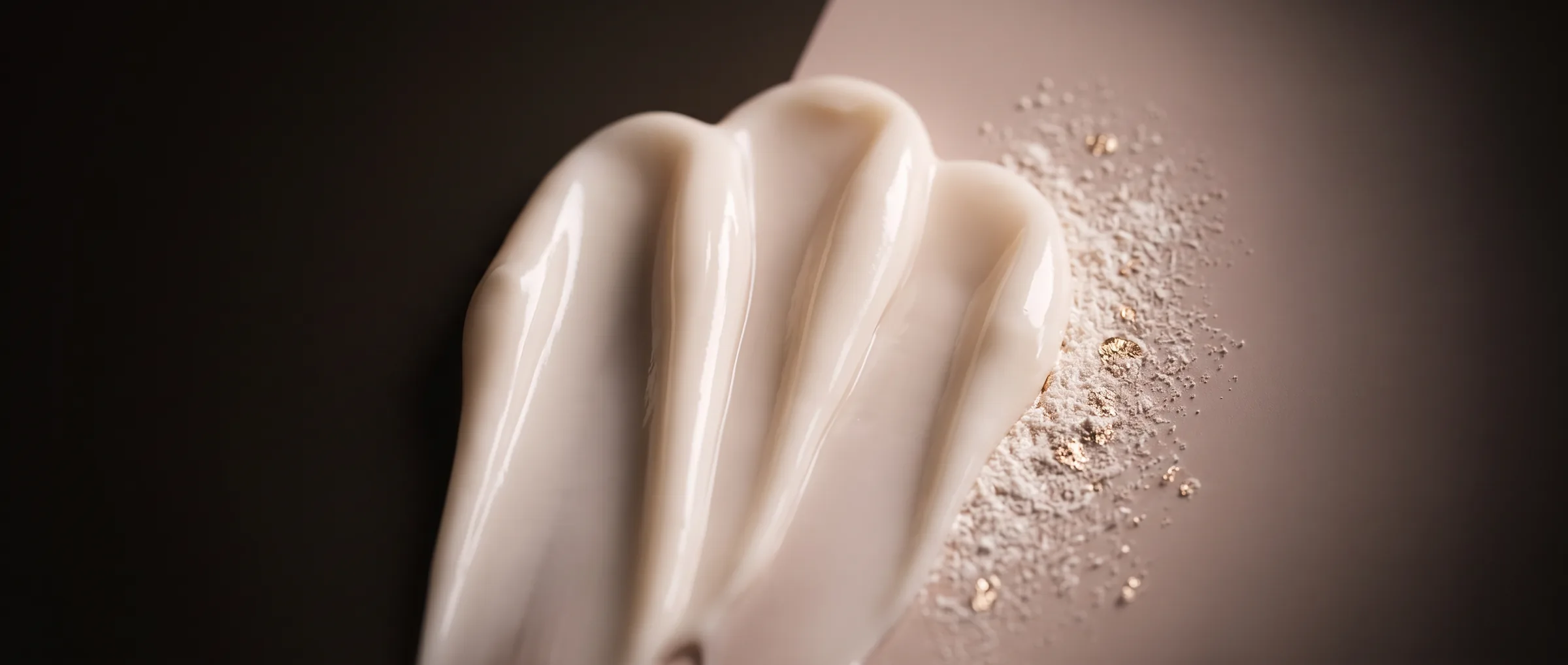 Macro d'un ruban de crème nacrée replié sur lui-même, poudre fine et éclats dorés