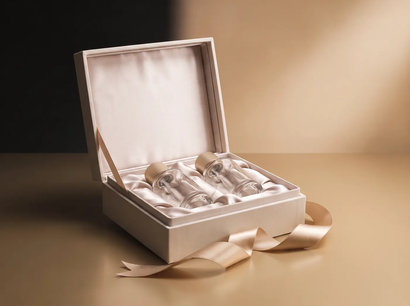 Coffret rigide ouvert doublé de satin contenant deux flacons miniatures et un ruban